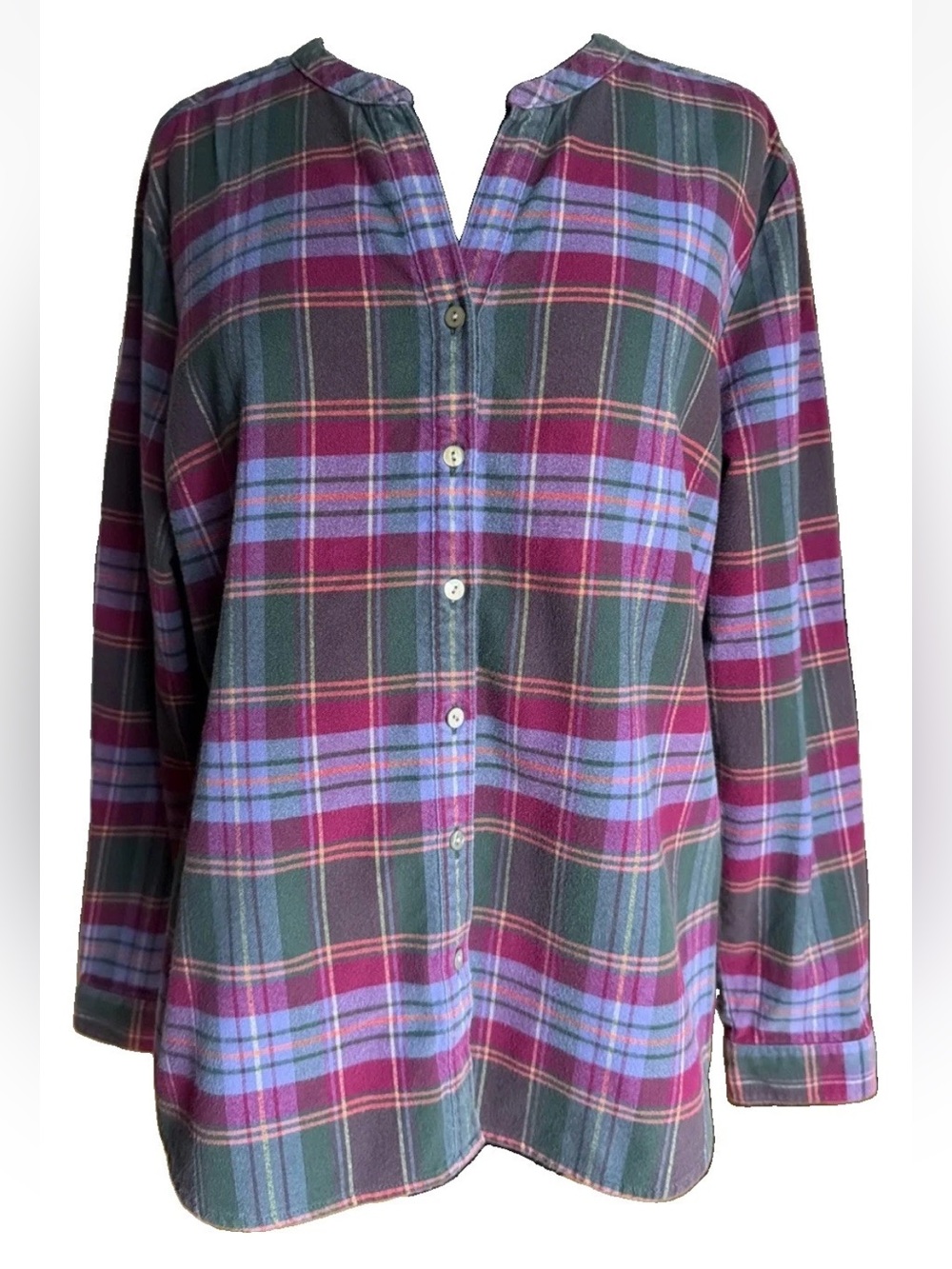 L.L. Bean Purple Plaid Flannel Split Neck Henley Collar Size Medium